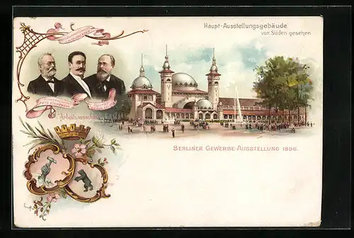 Lithographie Berlin, Gewerbe-Ausstellung 1896, Haupt-Ausstellungsgebäude von Süden gesehen