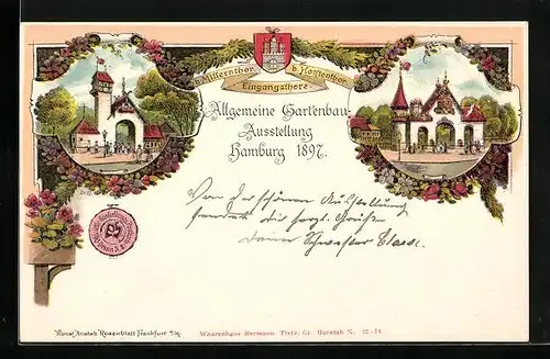 Lithographie Hamburg, Allgemeine Gartenbau-Ausstellung 1897, Eingangstore b. Millerntor u. b. Holstentor