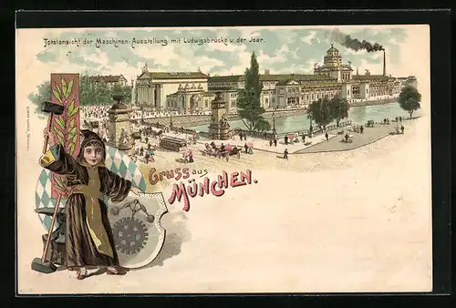 Lithographie München, Totalansicht der Maschinen-Ausstellung mit Ludwigsbrücke u. der Isar mit Strassenbahn