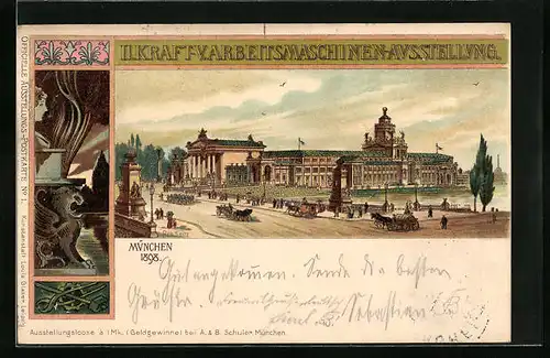 Lithographie München, II. Kraft-V. Arbeitsmaschinen-Ausstellung 1898, Ausstellungshalel mit Pferdewägen