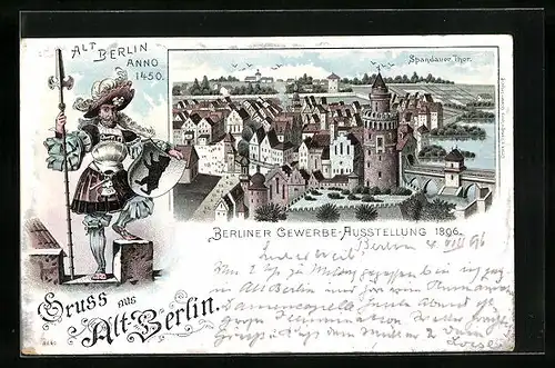 Lithographie Berlin, Berliner Gewerbe-Ausstellung 1896, Spandauer Tor, Wächter mit Wappen
