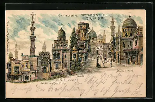 Lithographie Berlin, Gewerbe-Ausstellung 1896, Kairo in Berlin, Der heilige Brunnen, Die Kait-Bey-Moschee