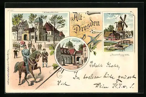 Lithographie Dresden, Ausstellung 1896, Windmühle, Wilsdruffertor, Strasse Torgasse mit Planwagen