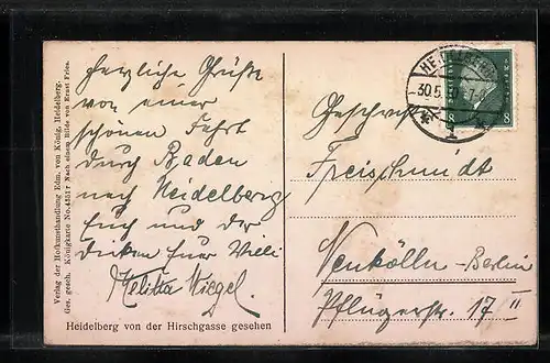 AK Heidelberg, von der Hirschgasse gesehen