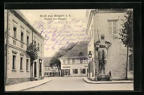 AK Belgern a. E., Strassenpartie am Roland von Belgern