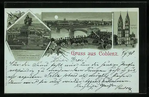 Mondschein-Lithographie Coblenz, Provinzial-Denkmal Kaiser Wilhelm I., Castorkirche, Panorama