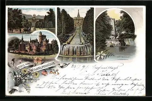 Lithographie Wilhelmshöhe, Die Kaskaden, Löwenburg, Der Aquaduct-Wasserfall