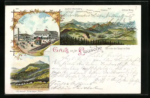 Lithographie Waltersdorf, Berggasthof Lausche, Gebirgspanorama