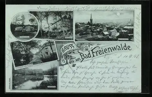 Lithographie Bad Freienwalde, Brunnenhotel, Waldschloss und Heilige Hallen, Papenmühle