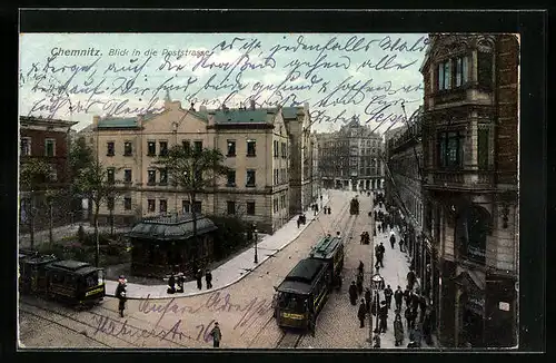 AK Chemnitz, Passanten in der Poststrasse, Strassenbahn