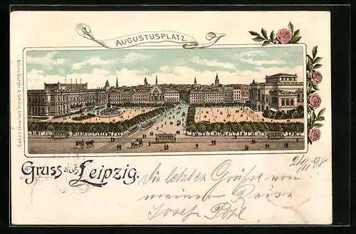 Lithographie Leipzig, Augustusplatz mit Strassenbahnen