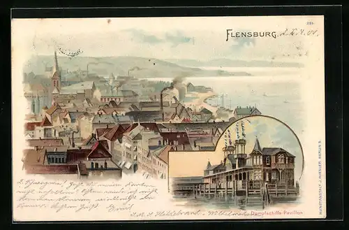 Lithographie Flensburg, Dampfschiffs-Pavillon, Teilansicht