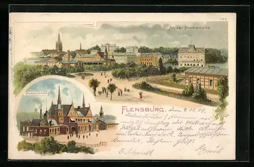 Lithographie Flensburg, An der Promenade, Staatsbahnhof