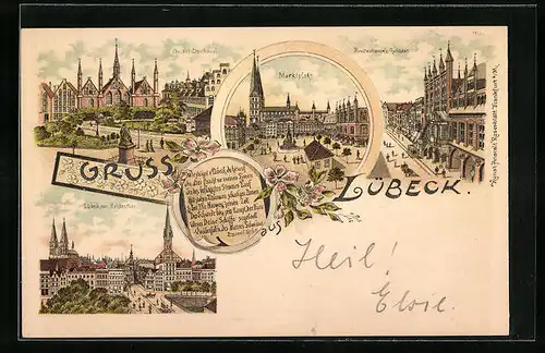 Lithographie Lübeck, Breitestrasse und Rathaus, Marktplatz, Geibel-Denkmal