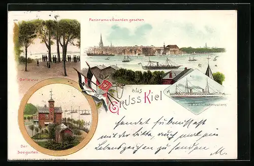 Lithographie Kiel, Der Seegarten, Bellevue, S. M. Yacht Hohenzollern