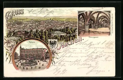 Lithographie Aachen, Teilansicht, Rathaus mit Brunnen, Inneres Krönungssaal