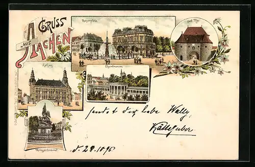 Lithographie Aachen, Rathaus, Kaiserplatz, Elisenbrunnen