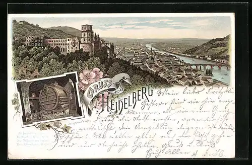 Vorläufer-Lithographie Heidelberg, 1895, Teilansicht mit Brücke, Das grosse Fass