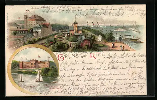 Lithographie Kiel, Schloss mit Seegarten und Hafen, Marine-Akademie
