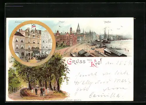 Lithographie Kiel, Bührsch Hotel, Panorama mit Hafen, Düsternbroker-Allee