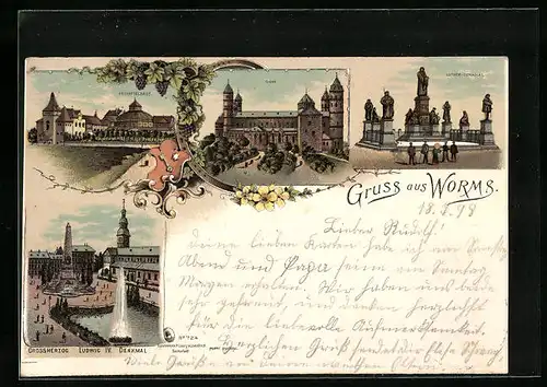 Lithographie Worms, Festspielhaus, Dom, Luther-Denkmal