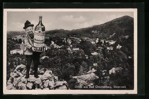AK Bad Gleichenberg, Steirischer Knabe mit Heilwasserflasche, Ortsansicht aus der Vogelschau
