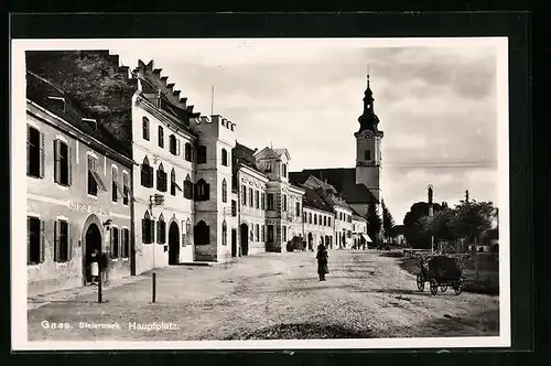 AK Gnas, Hauptplatz mit Kirchturm