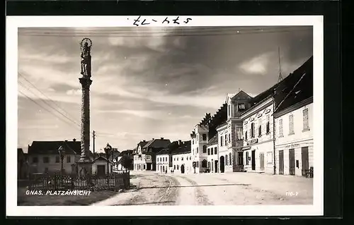 AK Gnas, Platzansicht mit Marienstatue