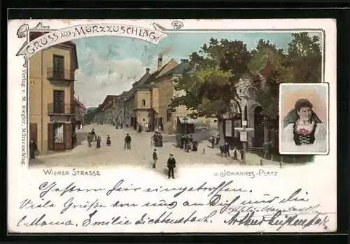 Künstler-AK Mürzzuschlag, Wiener Strasse und Johannes-Platz