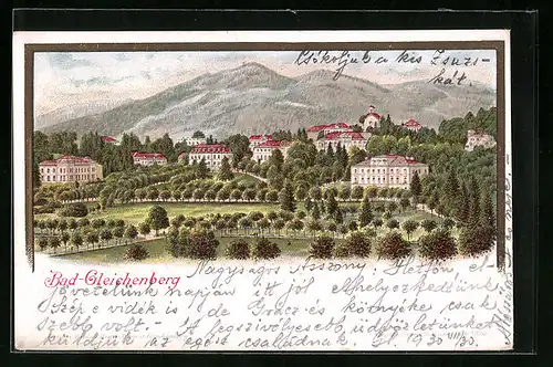 Lithographie Bad-Gleichenberg, Ortsansicht hinter Wiesen