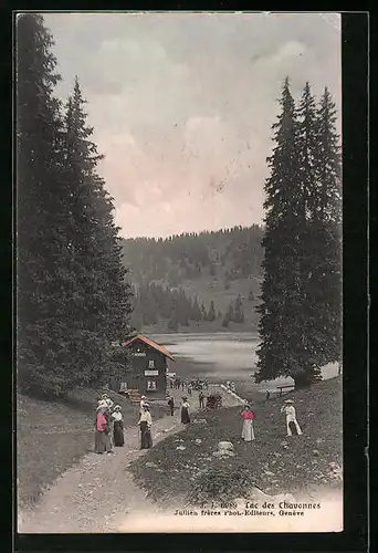 AK Lac des Chavonnes, Seeblick mit Besuchern