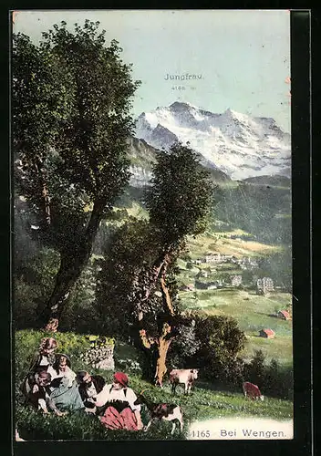 AK Wengen, Ortsansicht mit Familie und Ziegen