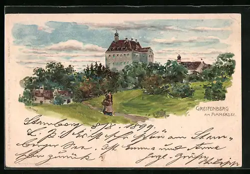 Lithographie Greifenberg /Ammersee, Frau mit Korb vor einem Anwesen