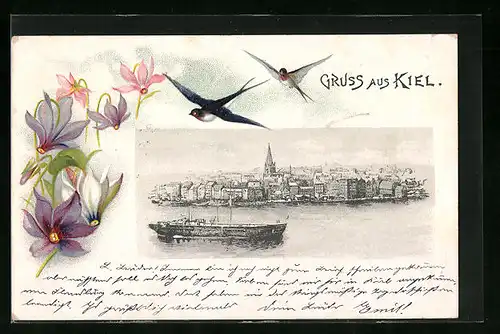 Lithographie Kiel, Ortsansicht mit Schiff, Blumen, Vögel