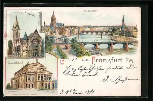 Lithographie Frankfurt a. M., Mainansicht, Opernhaus, Die neue Peterskirche