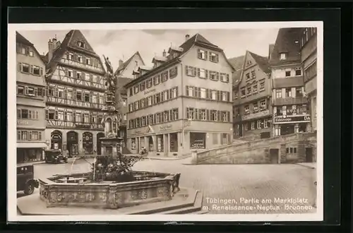 AK Tübingen, Partie am Marktplatz mit Neptun-Brunnen