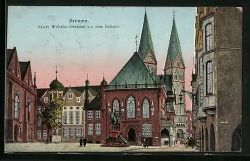 Goldfenster-AK Bremen, Kaiser Wilhelm-Denkmal vor dem Rathaus mit leuchtenden Fenstern