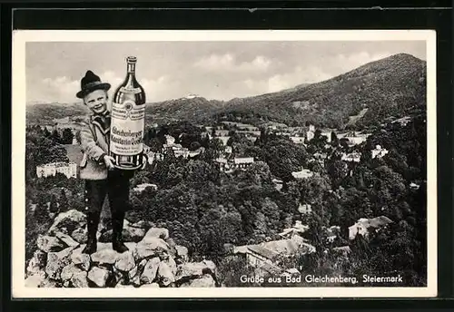 AK Bad Gleichenberg, Gesamtansicht aus der Vogelschau, Reklame für Wasser der Konstantin-Quelle