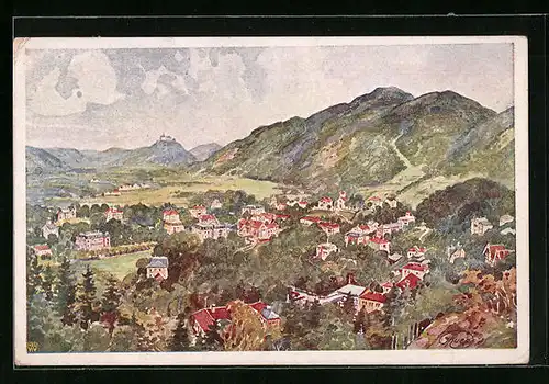 Künstler-AK Gleichenberg, Ortsansicht mit Bergpanorama