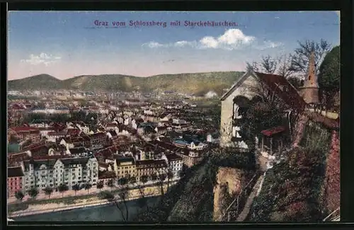 AK Graz, Teilansicht vom Schlossberg mit Starckehäuschen