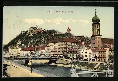 AK Graz, Mur Schlossberg mit Brücke