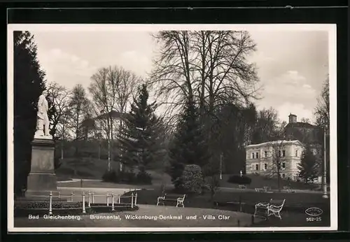 AK Bad Gleichenberg, Brunnental, Wicklenburg-Denkmal und Villa Clar