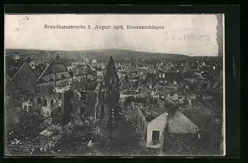 AK Donaueschingen, Brand vom 5. August 1908, Ortsansicht