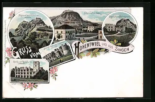 Lithographie Singen, Hohentwiel, Kirche, Hadwigs Schloss, Panorama