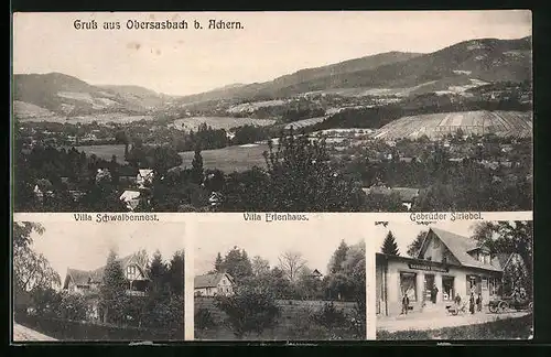 AK Obersasbach b. Achern, Geschäft der Gebrüder Striebel, Villa Erlenhaus und Schwalbennest