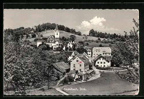 AK Nestelbach, Ortsansicht mit Häusern und Kirche