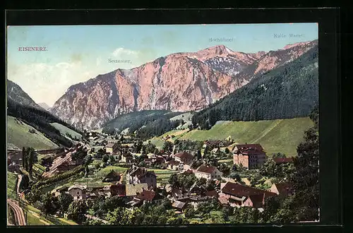 AK Eisenerz, Ortsansicht mit Seemauer, Hochblaser und Kalter Mauer