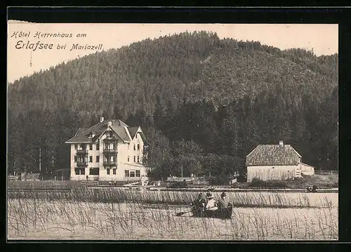 AK Mariazell, Hotel Herrenhaus vom Erlafsee betrachtet