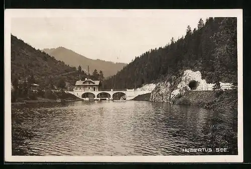 AK Mariazell, Blick auf den Hubertus See mit Bergpanorama