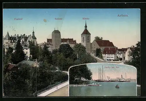 AK Arbon, Teilansicht mit Posthof, Schloss und Kirche, Partie am See